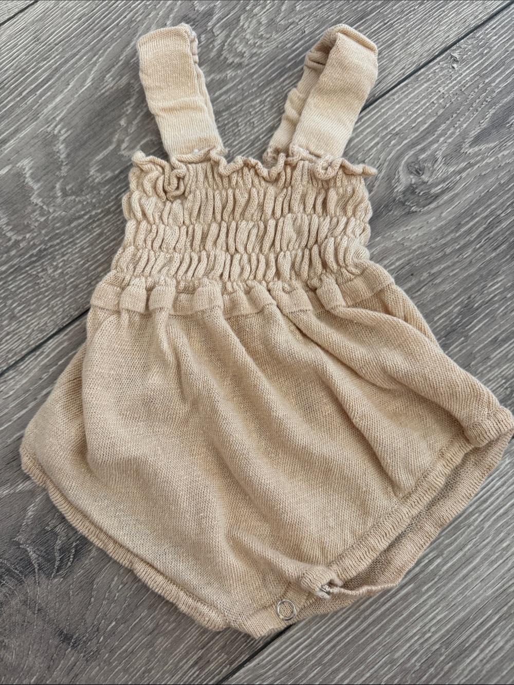 Neutral Beige Smocked Linen Baby Romper